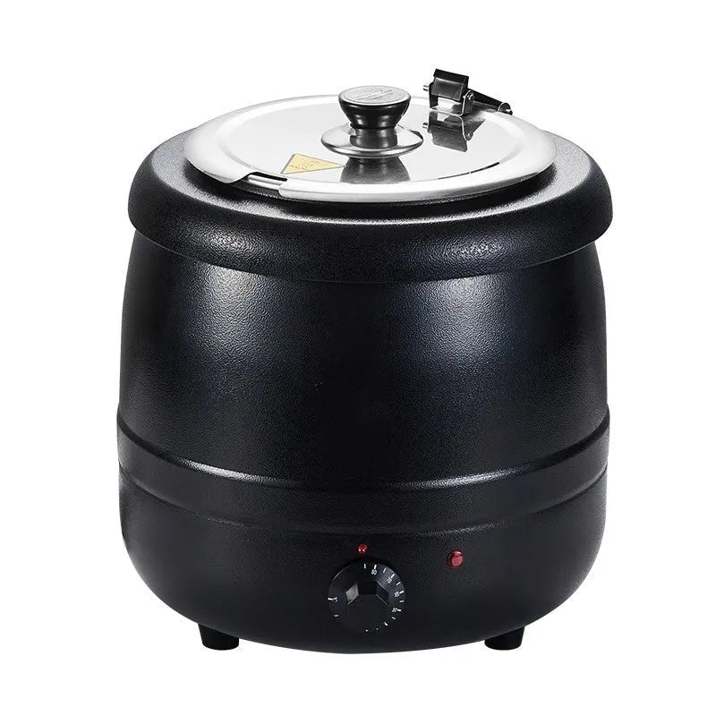Black stainless steel insulated soup pot with steel lid and electric cord, showing large mouth opening.