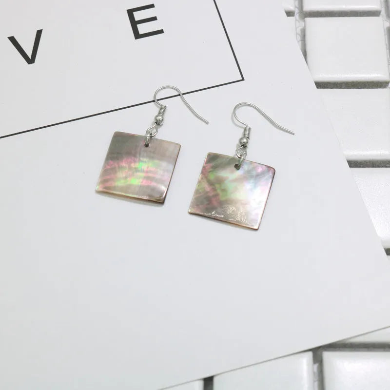 Women's shell earrings with geometric square panther or rectangular designs in natural style