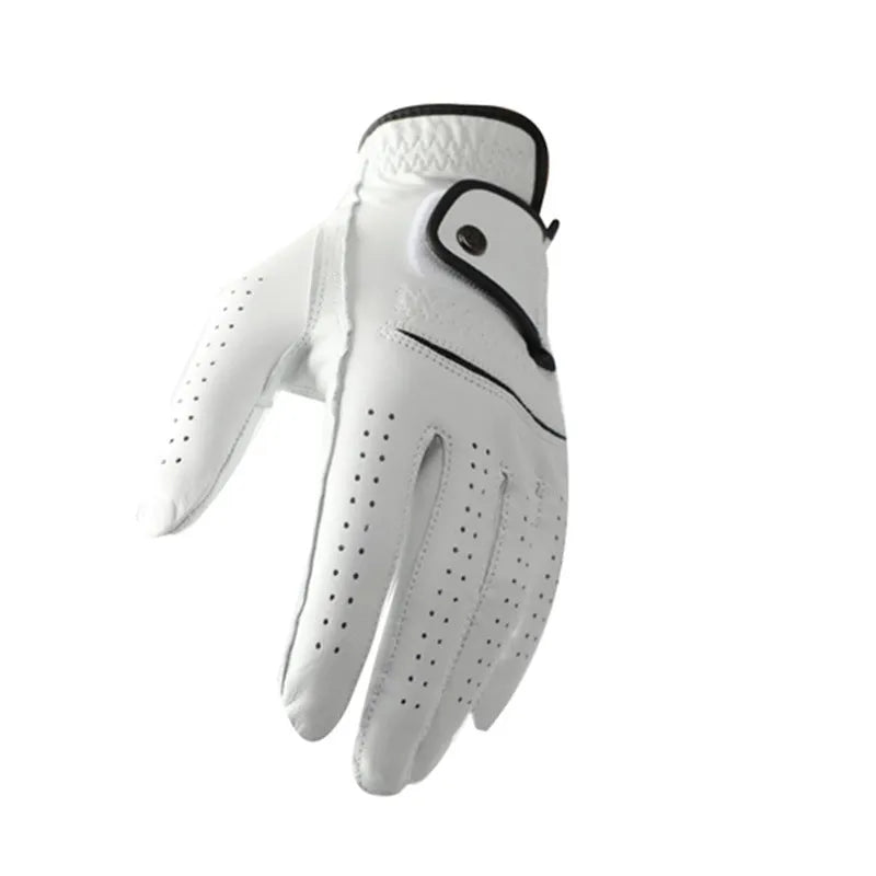Men's white golf glove with half sheepskin palm for non-slip grip.