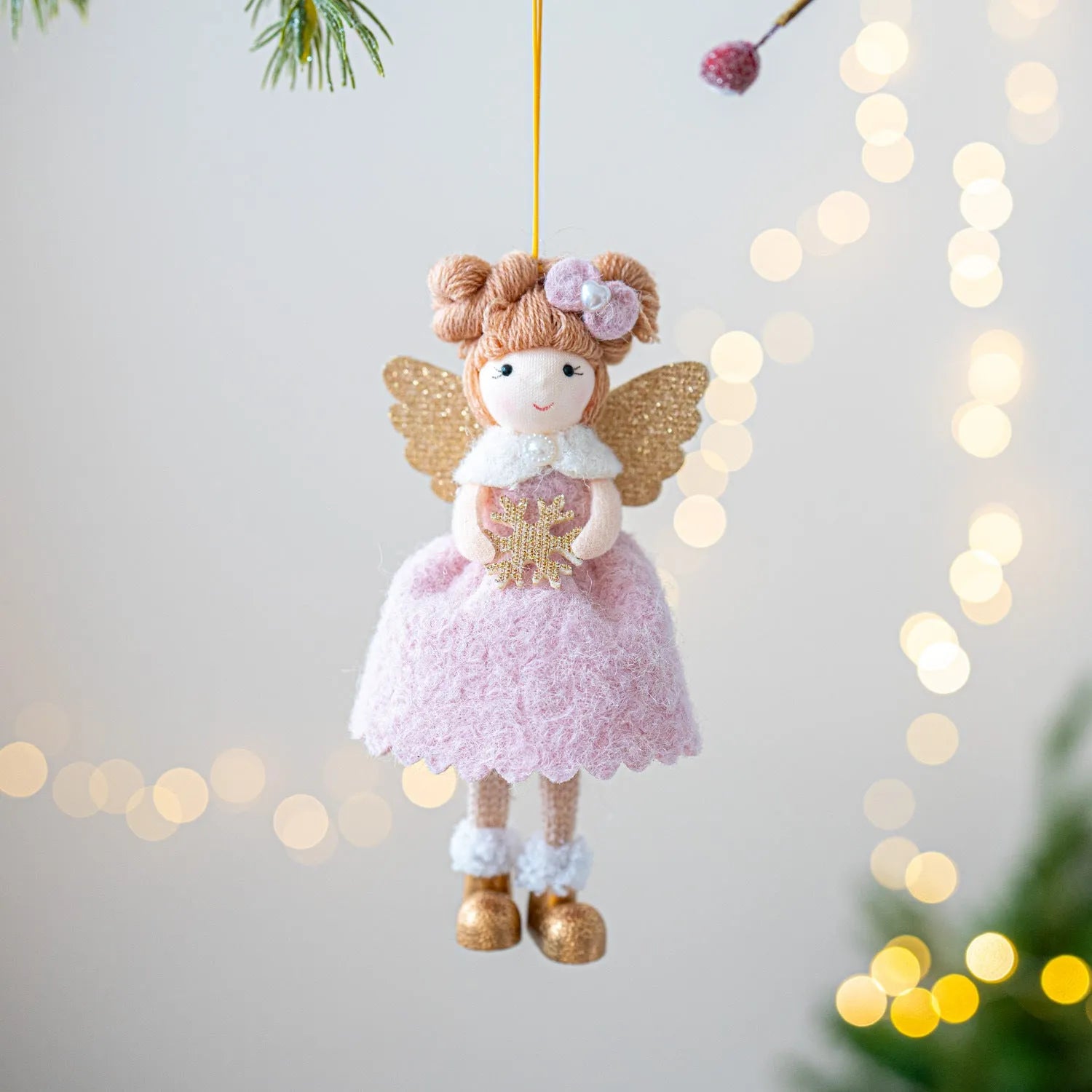 Pink and white cloth angel wings plush pendant Christmas ornament