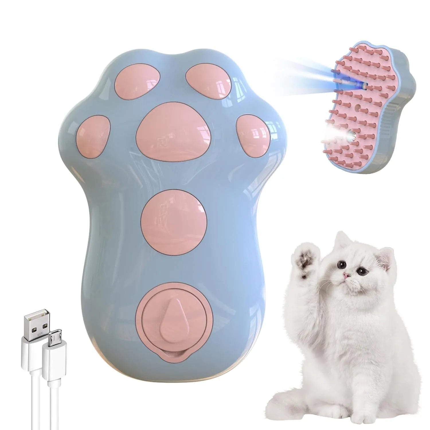 Self-cleaning cat steam brush with silicone brush head and release button for pet grooming