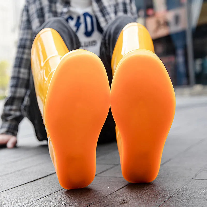 Flat washable rain boots for men white yellow plastic labour protection waterproof high cylinder round toe