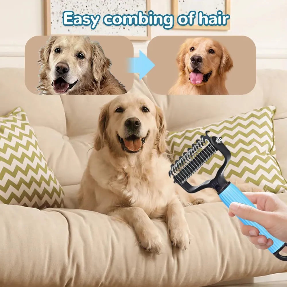 Pet dematting comb with double-sided stainless steel teeth in blue colour
