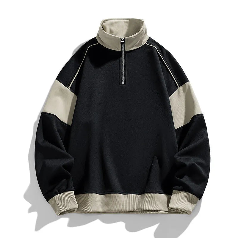 Men's hooded corduroy drop shoulder sweater in beige, showing loose lapels and relaxed fit.
