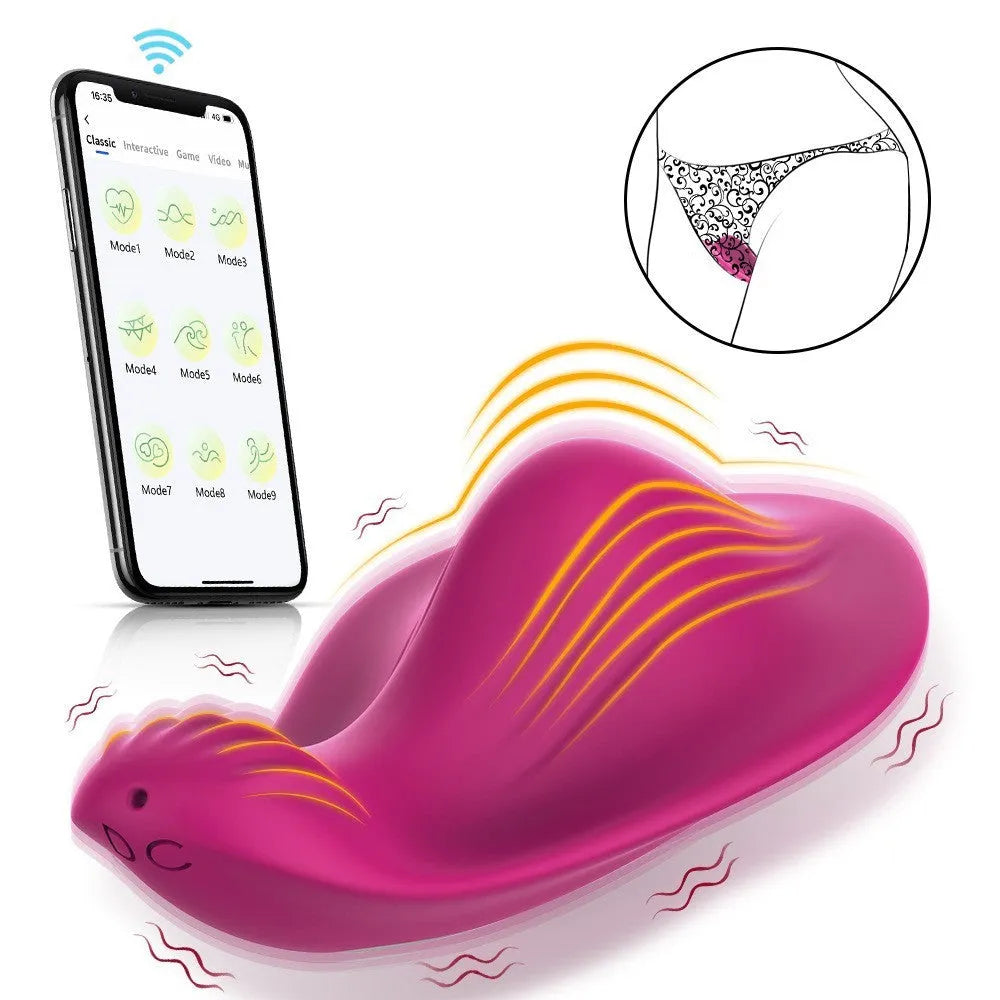 Rose red wearable female massager with smartphone APP remote control on a white background