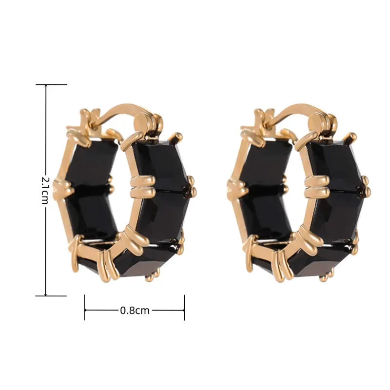 Gold-plated geometric U-shaped earrings with round black zircon crystal stones