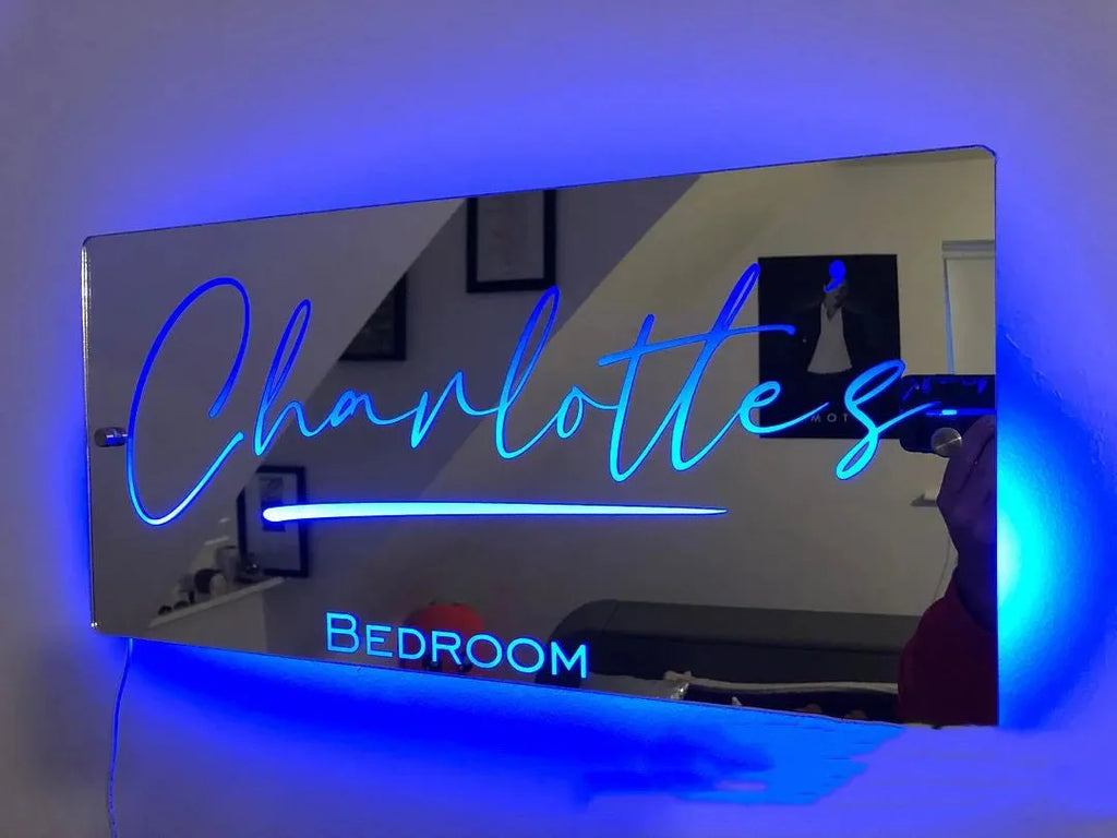 Personalised acrylic LED name mirror light with custom photo, soft glow, and remote control