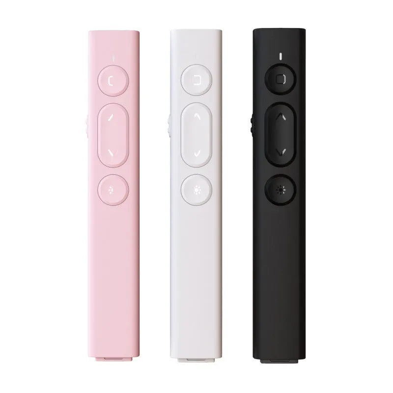 A whiteboard and presentation remote control pen in black, with a USB charging cable.