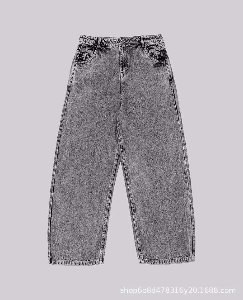 Grey loose fit straight-leg cotton denim trousers on a mid-rise waist mannequin
