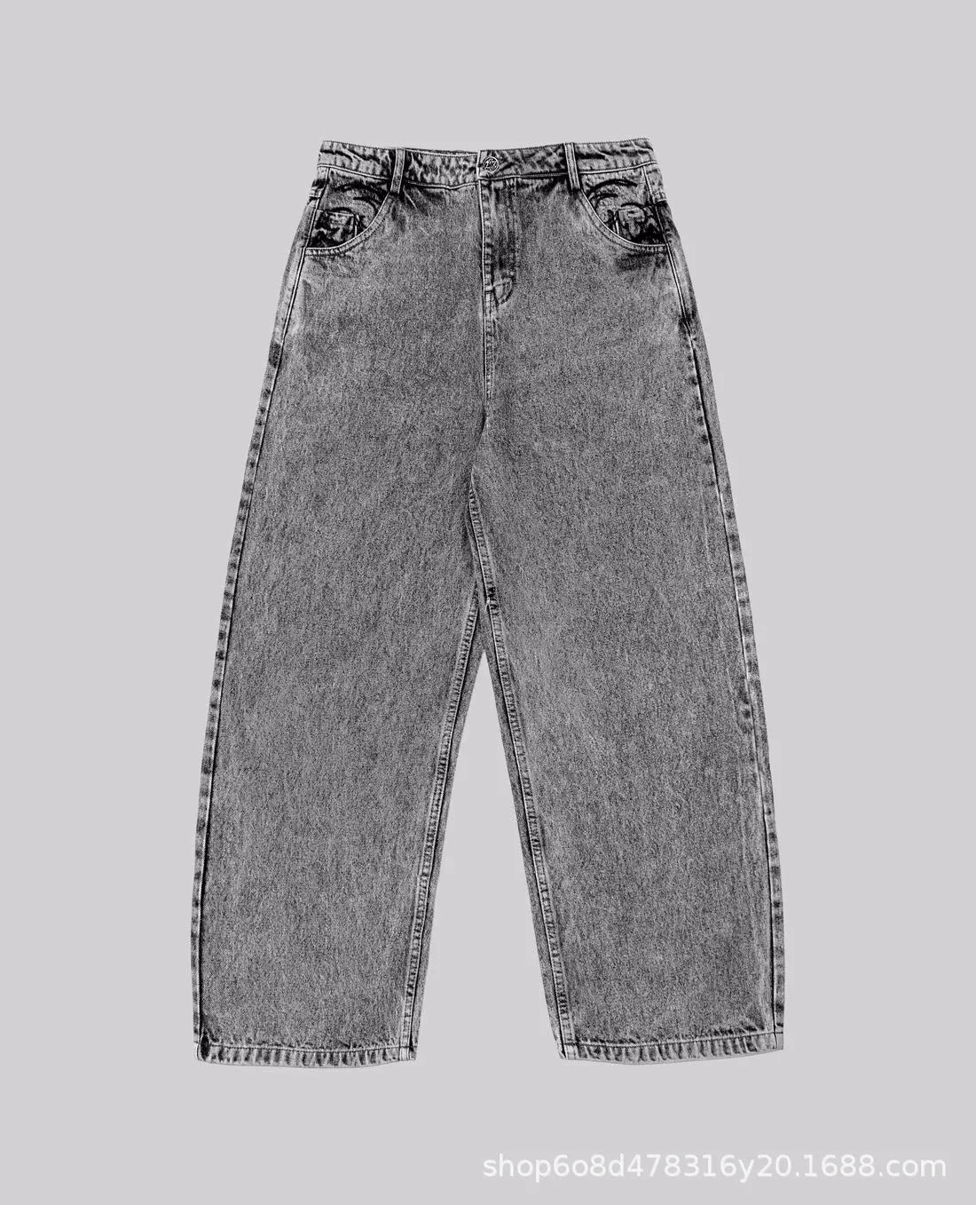 Grey loose fit straight-leg cotton denim trousers on a mid-rise waist mannequin