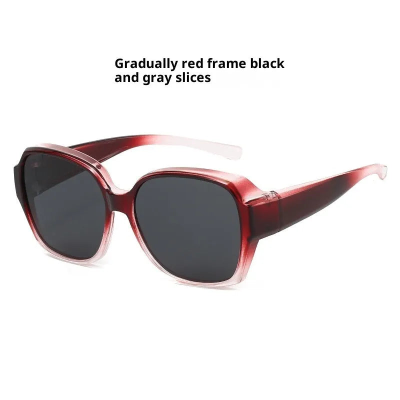 Large rim clip-on polarized sun glasses with black frame and black grey lens UV protection for women driving