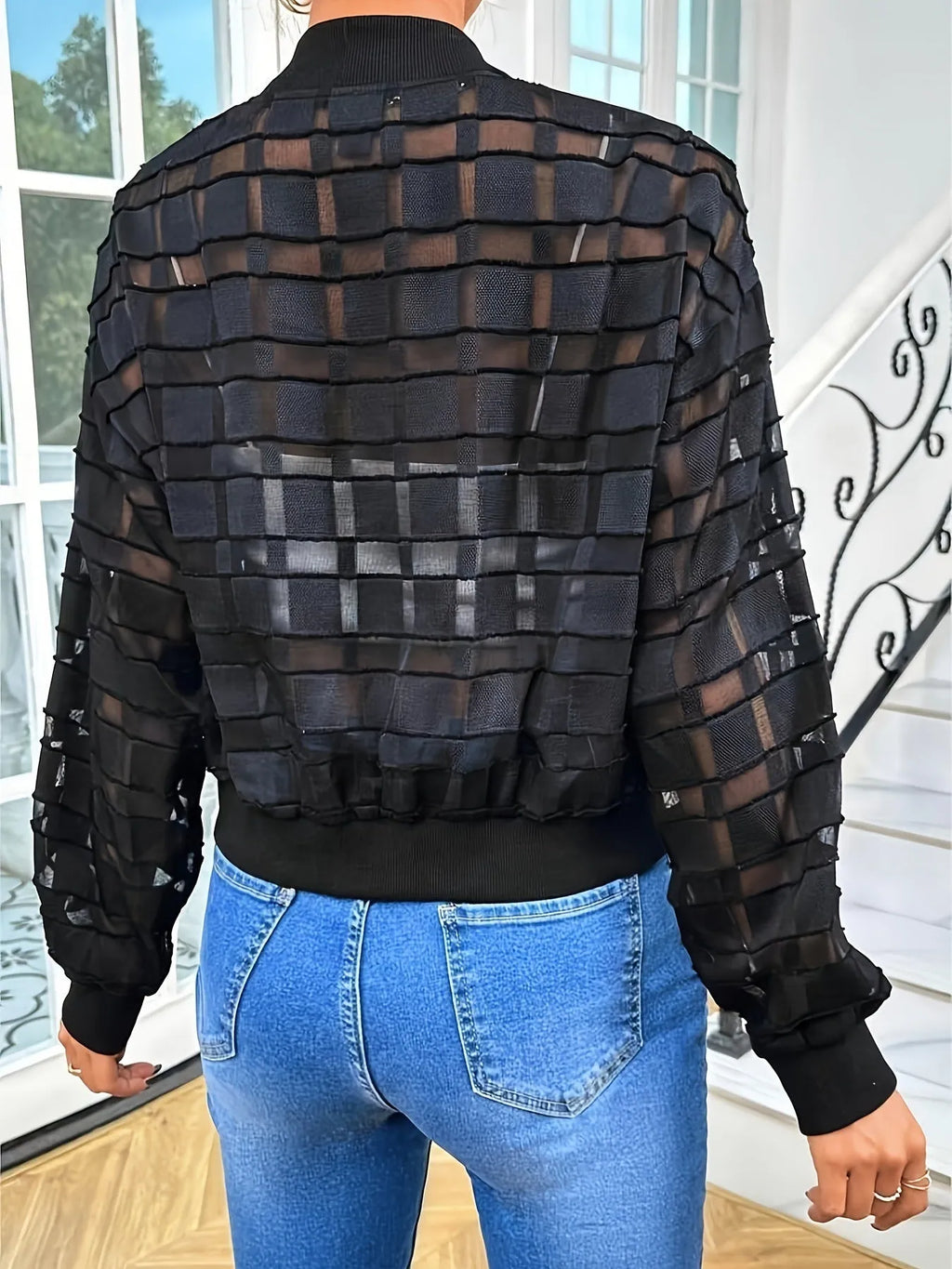 Women's black semi-transparent geometric pattern casual jacket with zipper front