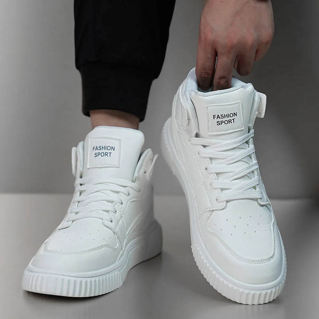 Men's white round-toe casual shoes with microfiber uppers on a plain background.