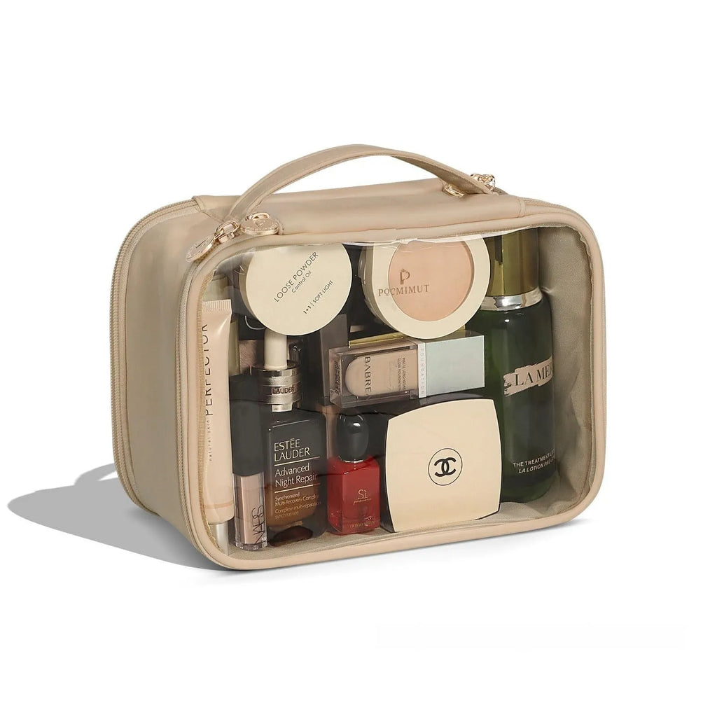 Clear PVC cosmetic bag with waterproof lining shown in a beige colour option.