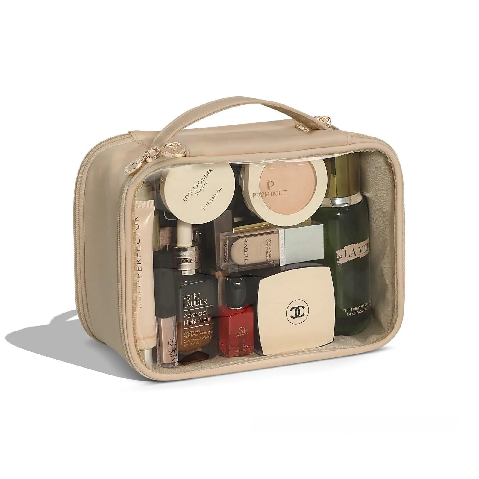 Clear PVC cosmetic bag with waterproof lining shown in a beige colour option.