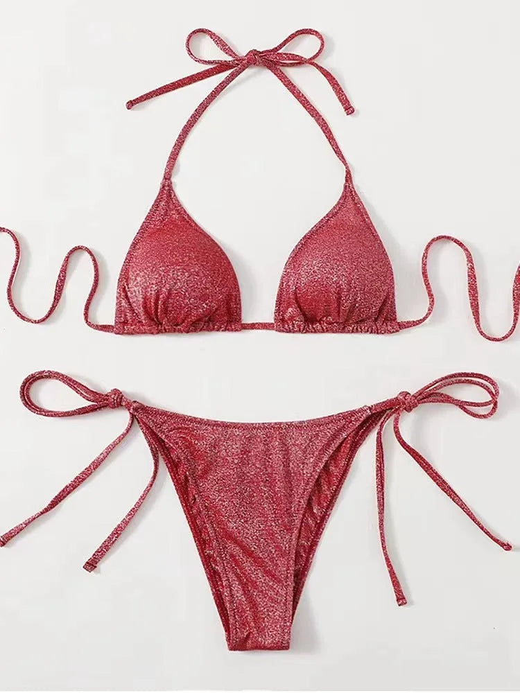 Women's bandage bikini swimsuit set in polyester available in six colours with detailed sizing chart