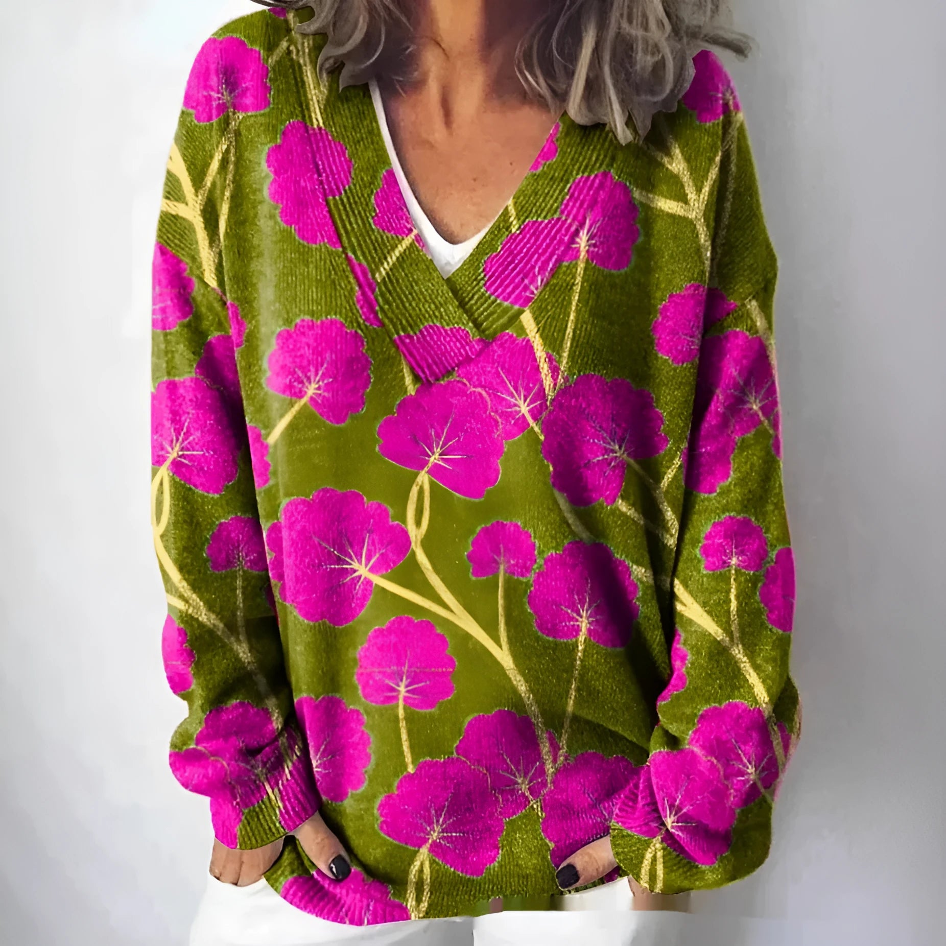 Women's art retro V-neck sweatshirt with a detailed 3D floral pattern print on long sleeves.