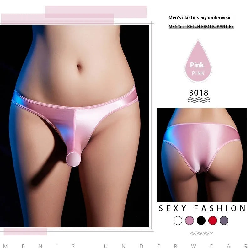 Men's shiny nylon low waist T-back underwear in black, white, grey, red or pink