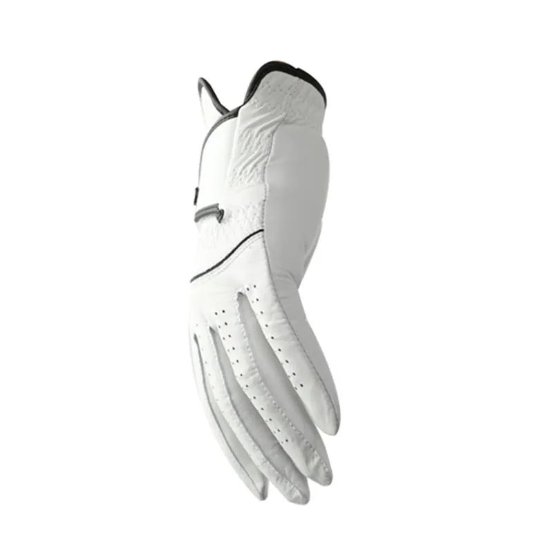 Men's white golf glove with half sheepskin palm for non-slip grip.