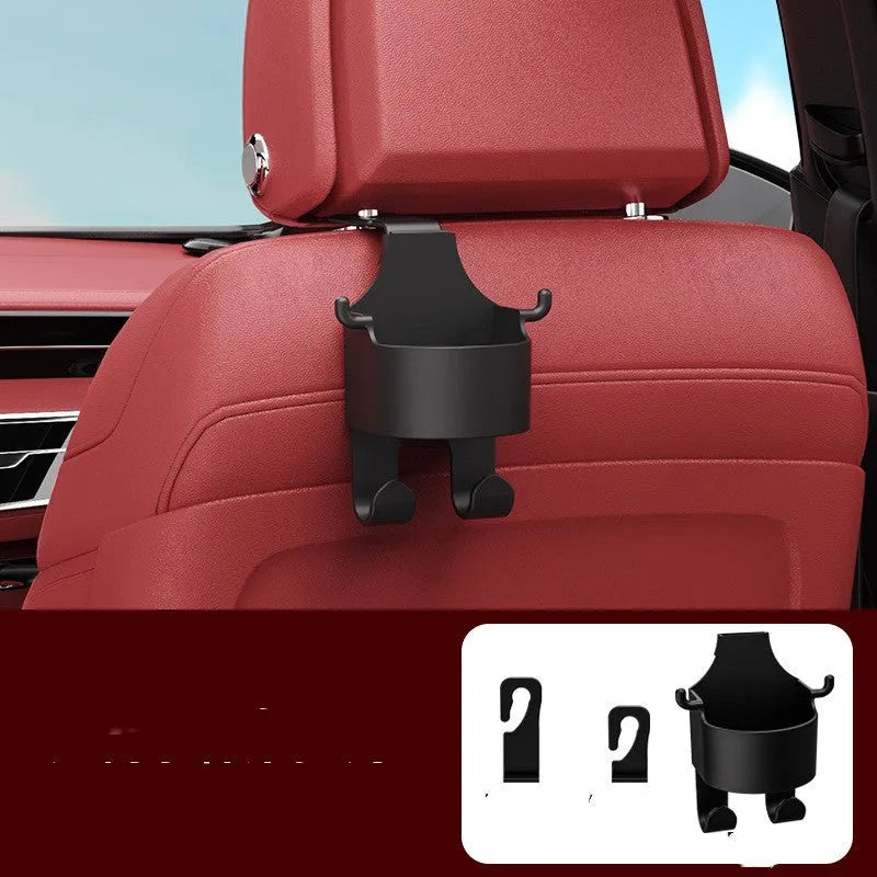 Black plastic car seat back organiser hook with cup holder showing dimensions