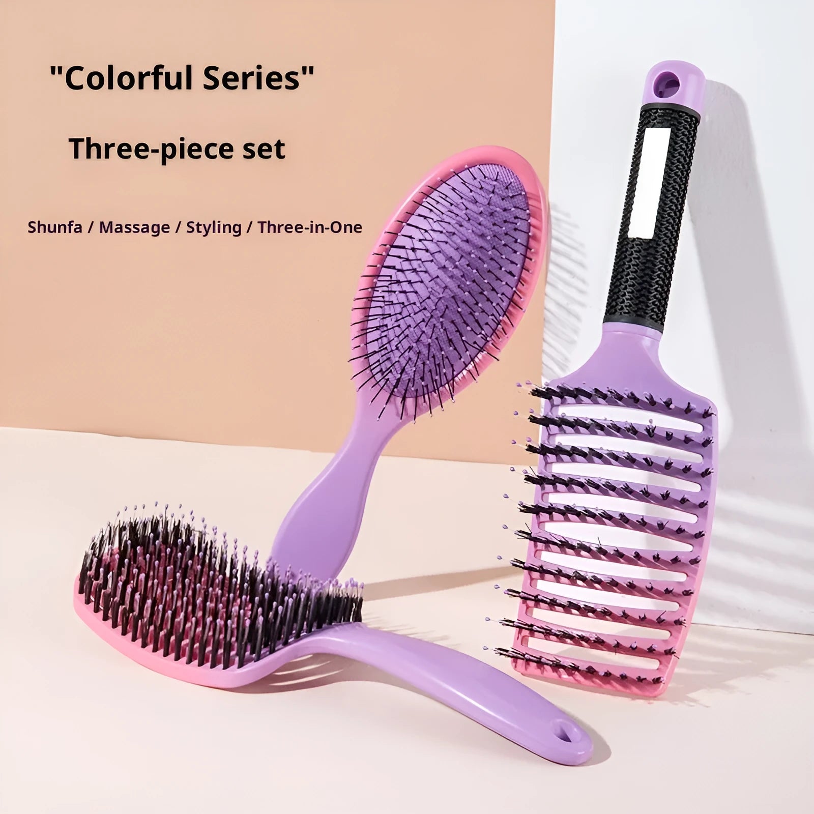 Gradient curly hair hollow comb set with three combs in orange and yellow gradient on a light background