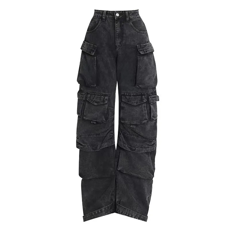 High waist wide leg denim trousers with multi-pocket street hipster design in blue colour