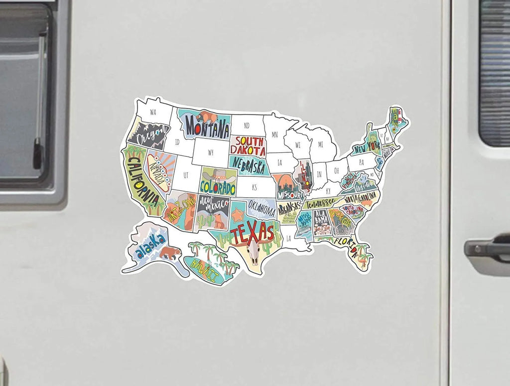 Travel-themed car sticker set with blank map for custom route marking