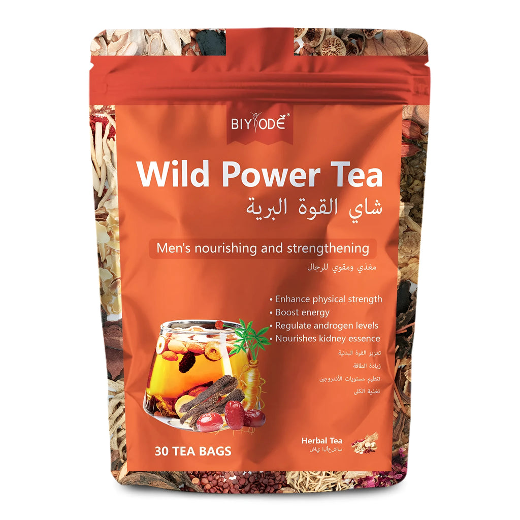 Bottle of 30 maca powdered herbal supplement tea bags for immunity and energy with GMP HALAL NSF certification