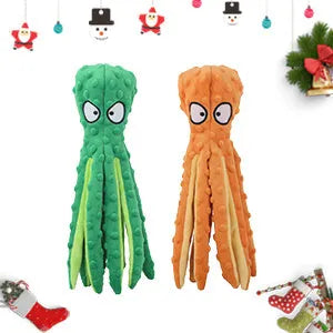 Blue octopus dog squeaky toy with no stuffing measuring 32cm long