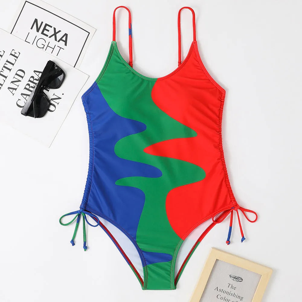 Women's sleeveless backless one-piece swimsuit in blue, purple, brown, or green colours