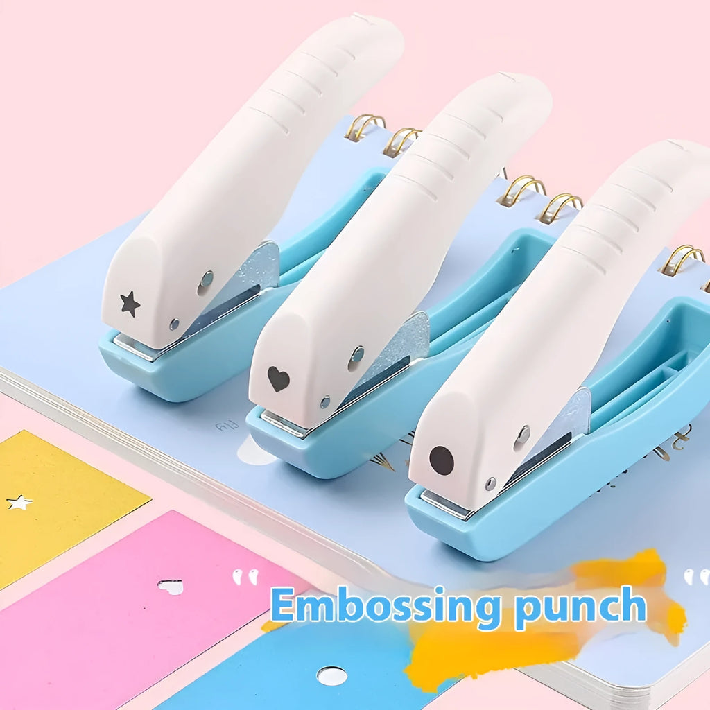 Small manual kindergarten pattern punching machine with four shaped punches for classroom crafts
