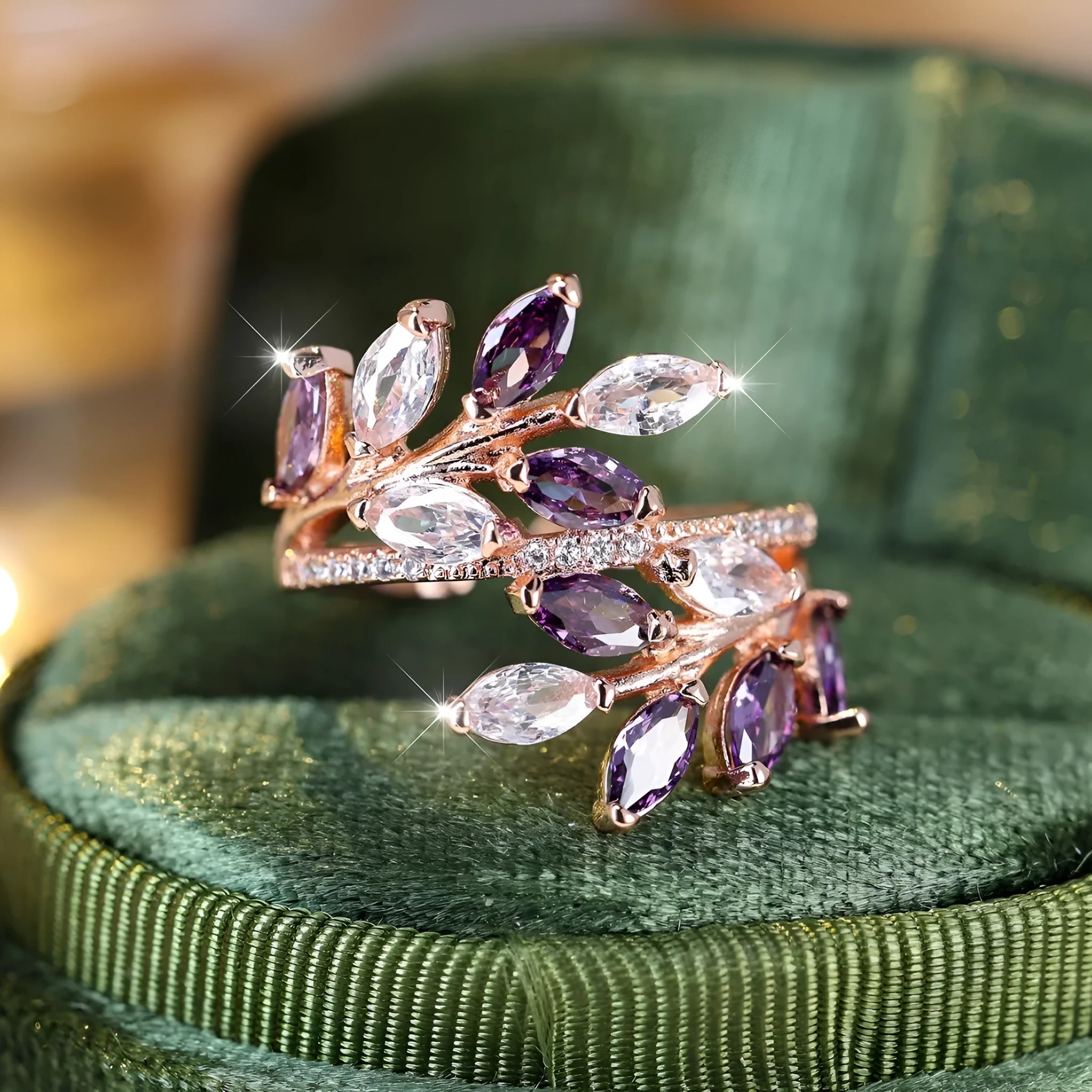 Adjustable horse eye zircon leaf ring in copper with leaf shape design and multiple colour finish options