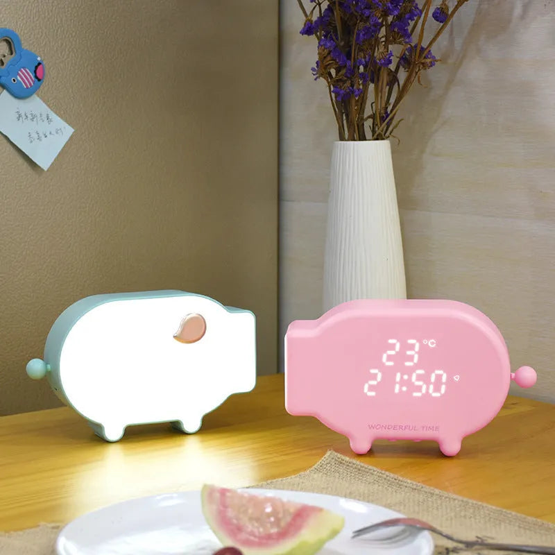 Blue LED alarm clock with digital time and temperature display featuring USB charging port
