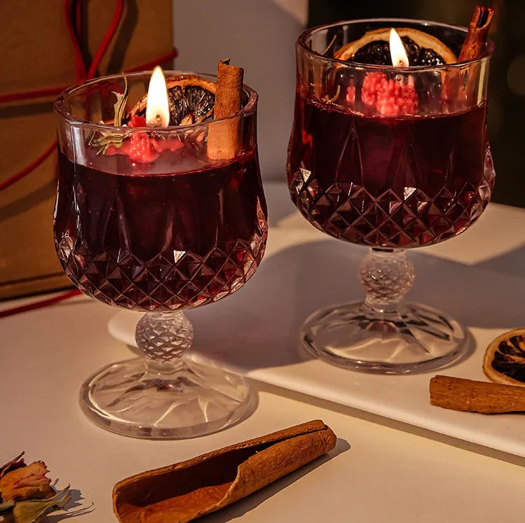 Scented candle in glass goblet with jelly crystal layer French mulled wine style home fragrance