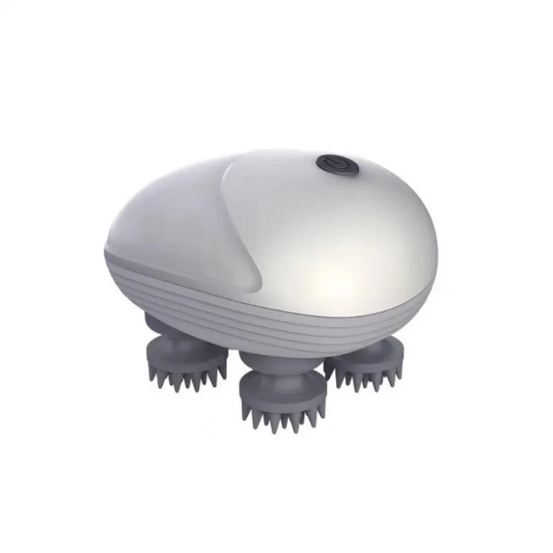 Blue electric pet massager with four rotating heads held in hand next to cat