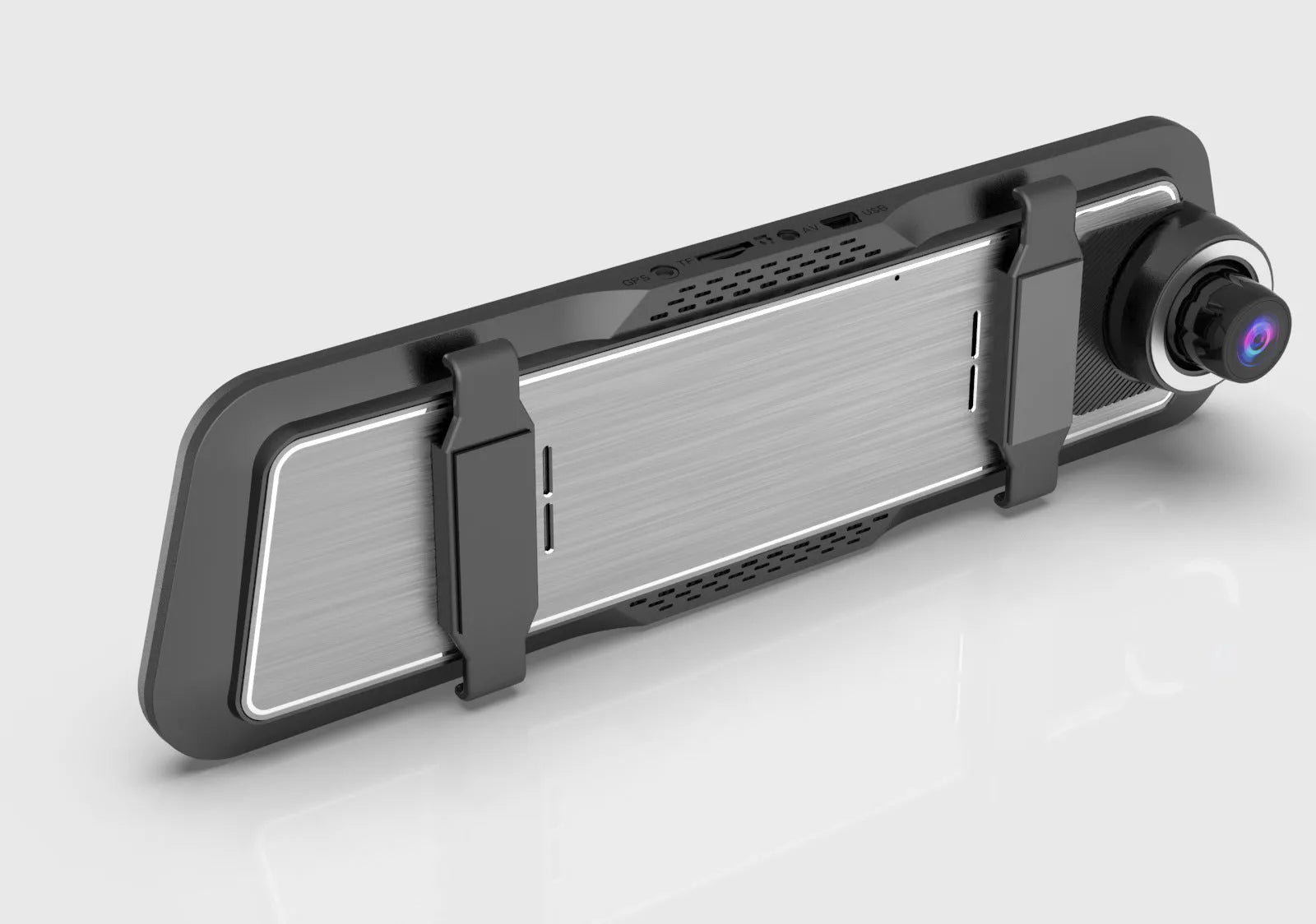 Black dual-lens driving recorder with 9.66-inch touch screen mounted on car windscreen.