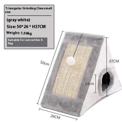 Grey and white triangle-shaped cat nest bed with an integrated sisal scratching post on the side.
