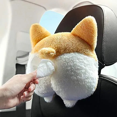 Yellow soft plush corgi butt shaped tissue box cover with elastic strap for car or home.