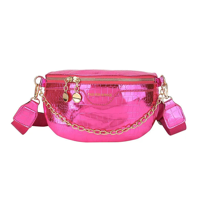 Shiny PU chest bag with chain shoulder strap available in silver colour