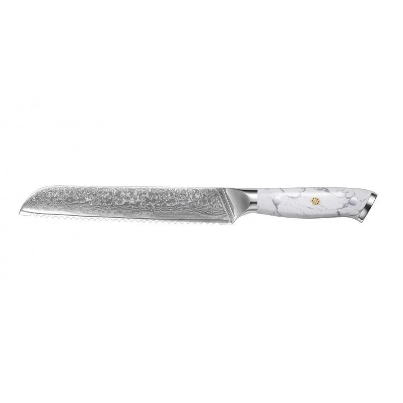 Damascus pattern chef's knife with 21cm VG10 steel blade and 11cm handle showing Japanese knife construction
