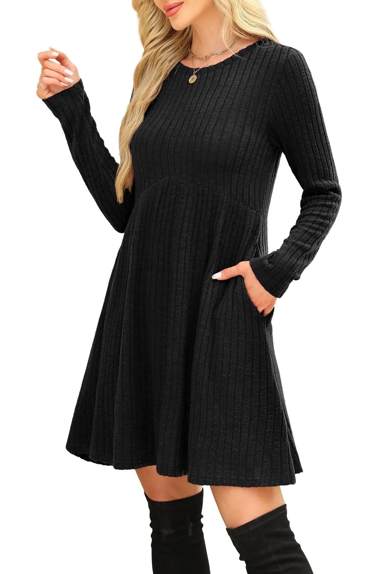 Women's bohemian brushed sunken stripe dress in solid colour, princess mid-length skirt, wide waist, available in multiple colours