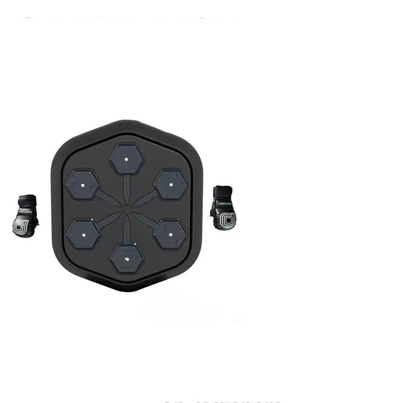 Black smart boxing machine with Bluetooth connectivity and included boxing gloves on EVA construction base