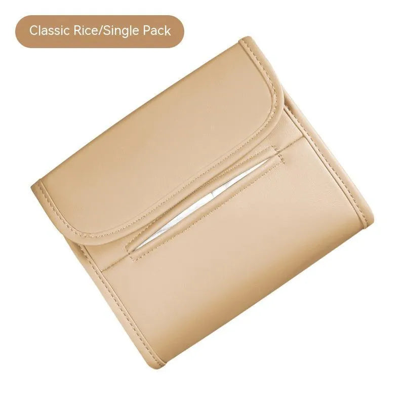 Leather car tissue box holder with elastic band button mounting on car sun visor