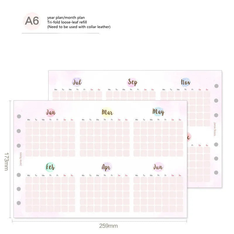 Loose-leaf refill paper sheets showing floral monthly planner and tri-fold schedule layouts in A7, A6, and A5 sizes.