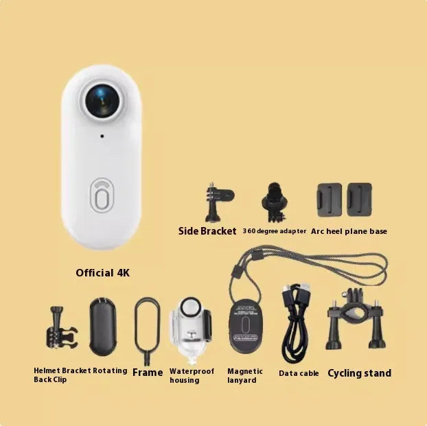 H88 thumb-sized 4K mini sports camera with magnetic mount and waterproof case on a black background
