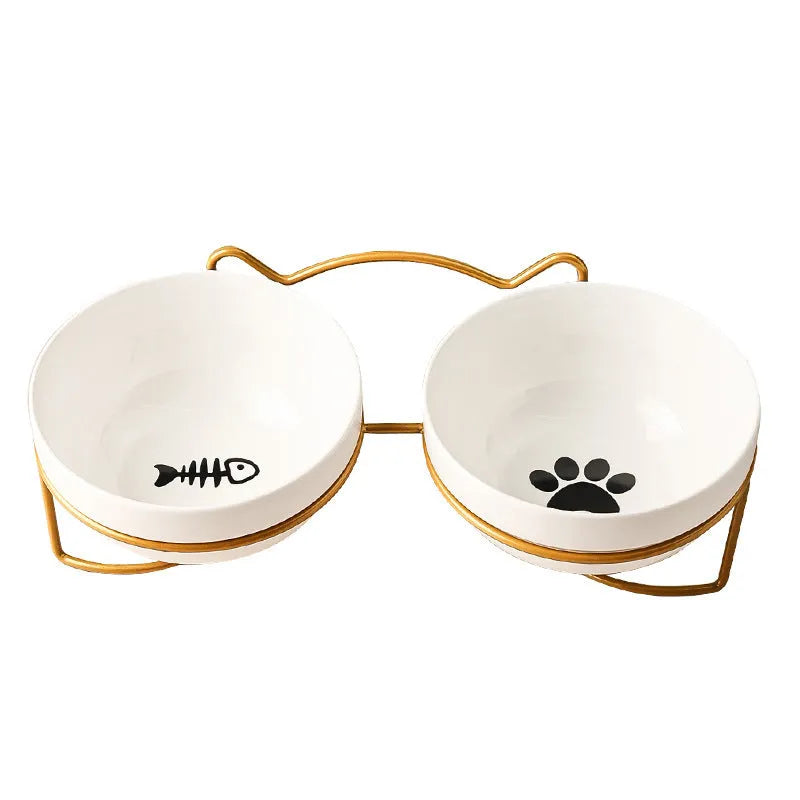 Ceramic cat bowl with iron stand in cat footprints or fishbone pattern design