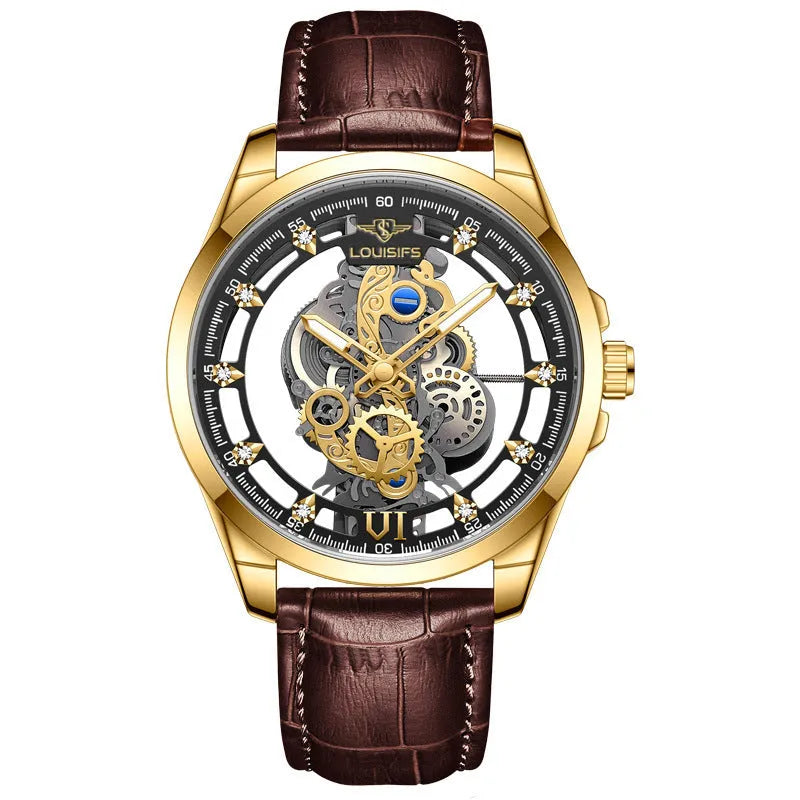 Swiss men's quartz watch with hollow design, 12mm thickness, business style in three colour options