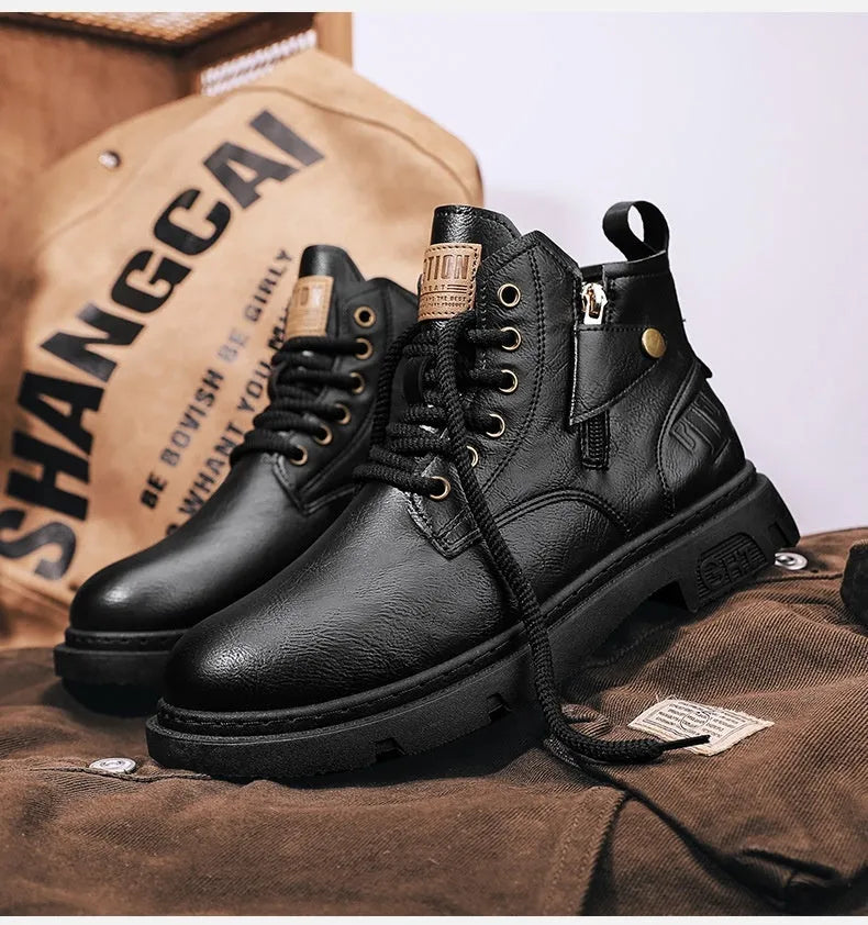 Retro British style men's Martin boots in black leather with front lace-up and mid heel