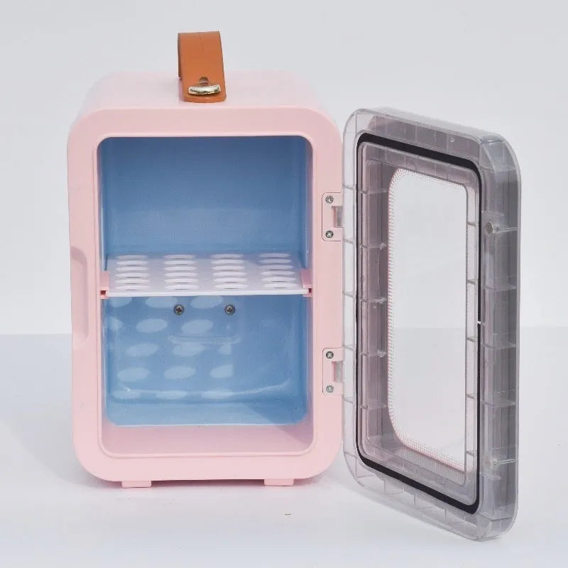 Pink, black and white 6L beauty mini refrigerator with transparent door for car and home dual-use