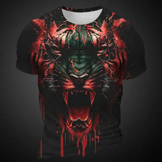 Men's grey t-shirt with a detailed 3D tiger face print on the chest.